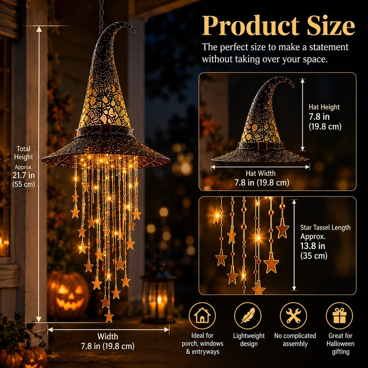 🔥LAST DAY 50% OFF-🪄Lighted Witch Hat Hanging Chime, Halloween Hanging Witch Hats with Lights
