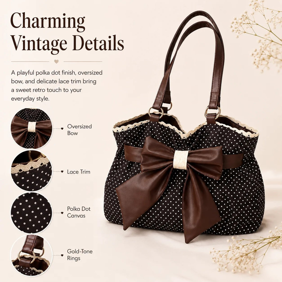 👜 Vintage Polka Dot Canvas Tote Bag for Women, Oversized Bow Shoulder Bag with Lace Trim
