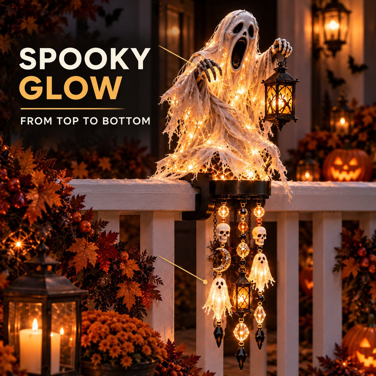 🔥HOT SALE🔥🎃 Halloween Character Glow Cascade Railing Lights – Pumpkin, Witch, Ghost & Black Cat