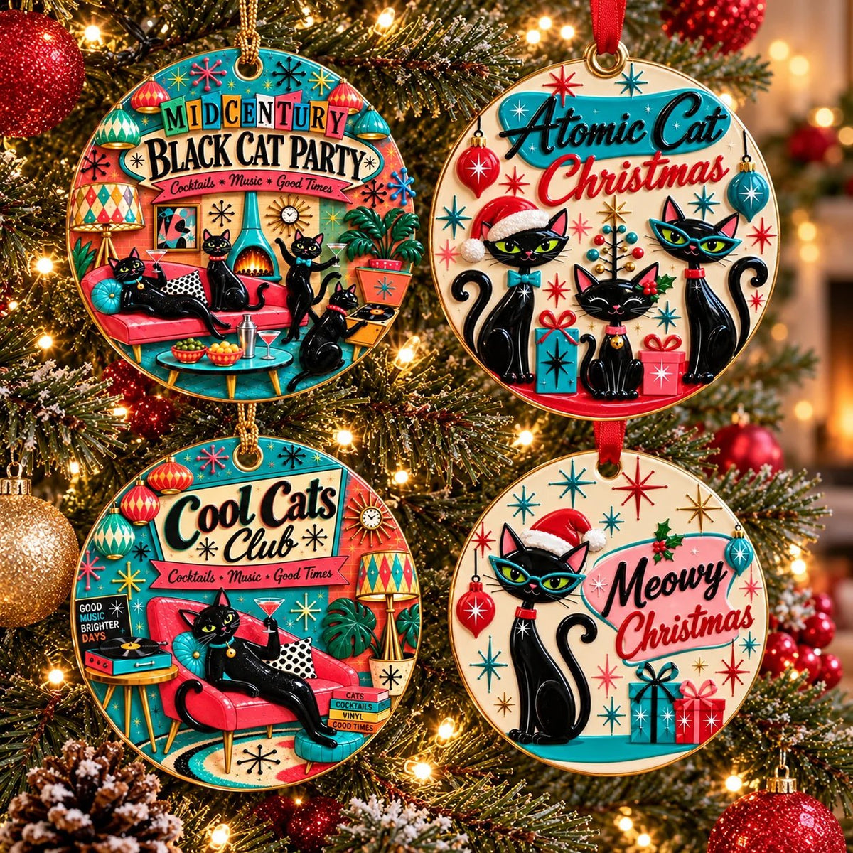 Vintage Mid-Century Black Cat Christmas Ornaments