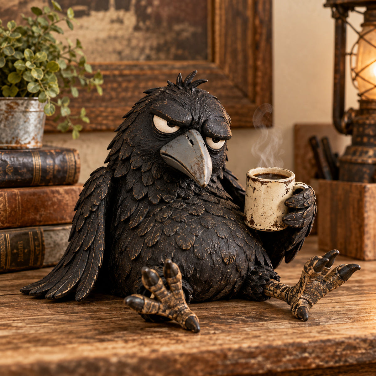 🖤 Rustic Vintage Raven Figurine with Coffee Mug – Grumpy Crow Farmhouse Tabletop Decor