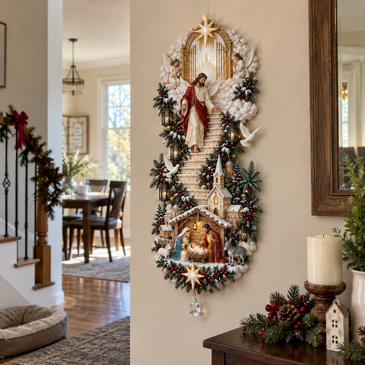 ✝️Jesus Light of Heaven Christmas Wall Hanging | Illuminated Nativity Stairway Decor ✨