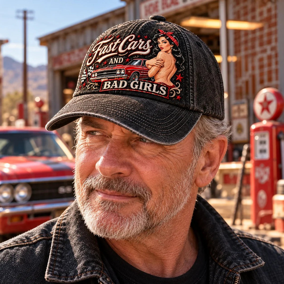 🏁 Fast Cars and Bad Girls Baseball Cap — Retro Muscle Car Style with a Bold Pin-Up Attitude