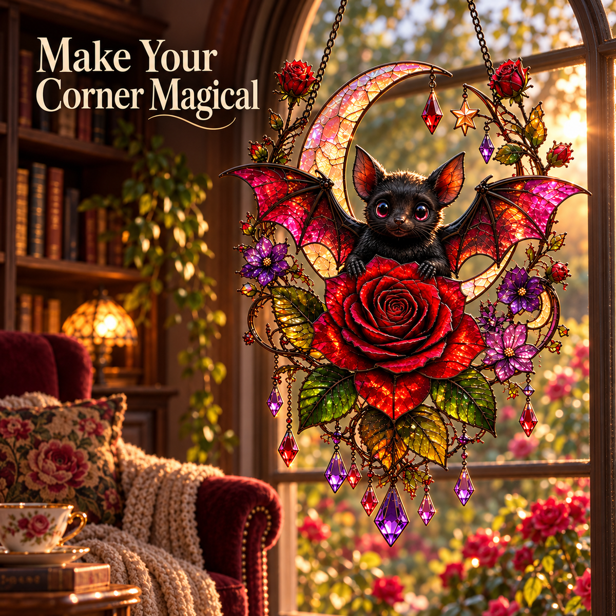🦇🌹 Midnight Romance – Gothic Bat & Rose Crescent Moon Window Suncatcher ✨