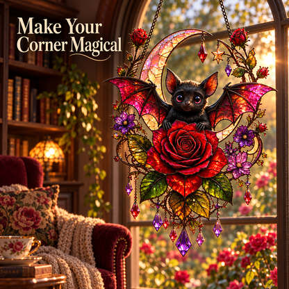 🦇🌹 Midnight Romance – Gothic Bat & Rose Crescent Moon Window Suncatcher ✨