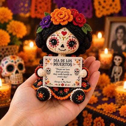 🔥LAST DAY 50% OFF - ✨Handcrafted Day of the Dead Crochet Doll – Sugar Skull Catrina Figurine with Floral Dress & Memorial Sign