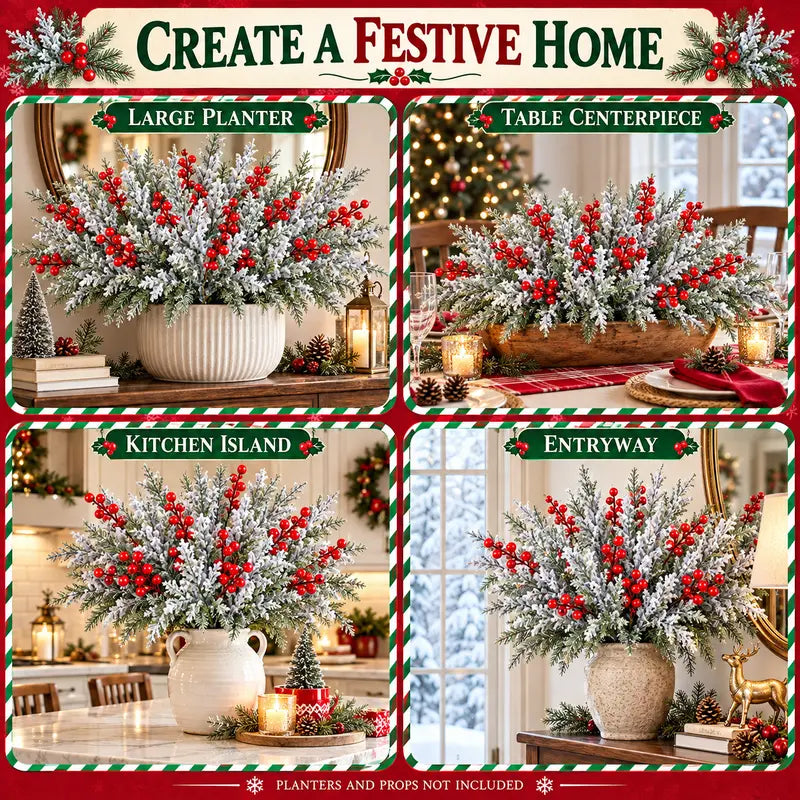 🎄🎅Artificial Frosted Christmas Pine-Cedar Stems with Red Berries, Snowy Evergreen Picks for Holiday Vase Decor