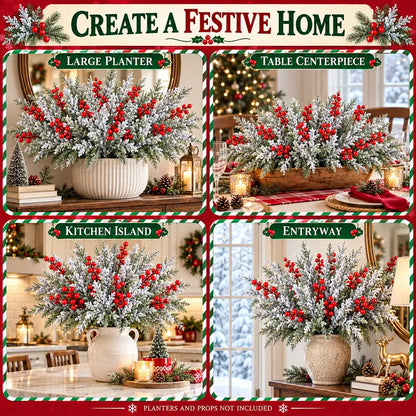 🎄🎅Artificial Frosted Christmas Pine-Cedar Stems with Red Berries, Snowy Evergreen Picks for Holiday Vase Decor