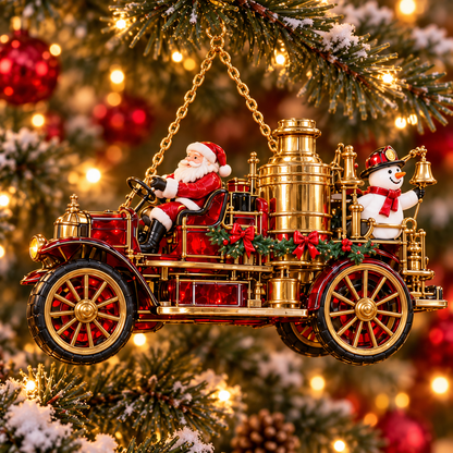 2026 Vintage Fire Truck Christmas Ornaments – Set of 6 | Stained-Glass Style with Festive Holiday Scenes & Golden Accents