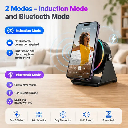 🔊 5-in-1 Wireless Induction Bluetooth Speaker Stand – 360° Rotating Phone Holder with LED Light