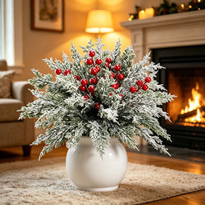 🎄🎅Artificial Frosted Christmas Pine-Cedar Stems with Red Berries, Snowy Evergreen Picks for Holiday Vase Decor