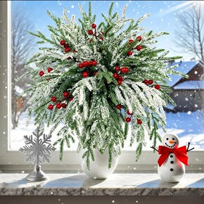 🎄🎅Artificial Frosted Christmas Pine-Cedar Stems with Red Berries, Snowy Evergreen Picks for Holiday Vase Decor