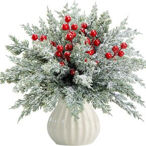 🎄🎅Artificial Frosted Christmas Pine-Cedar Stems with Red Berries, Snowy Evergreen Picks for Holiday Vase Decor