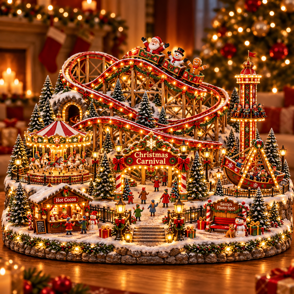🔥Last Day 50%🎢 Magical Christmas Carnival Village – Animated Roller Coaster & Lighted Holiday Decor