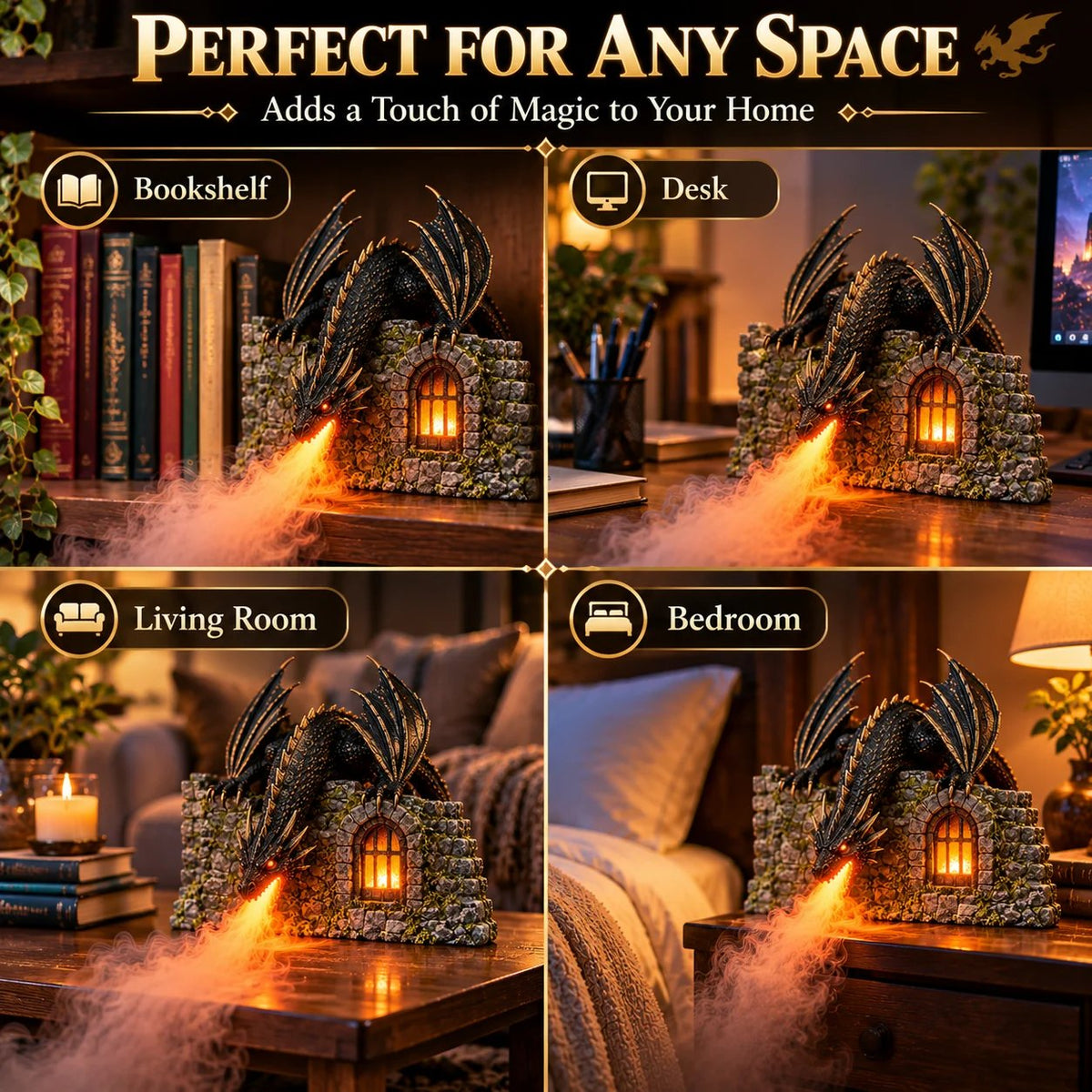 🐉 Dragon Mist Diffuser – Glowing Fire-Breathing Fantasy Bookshelf Decor