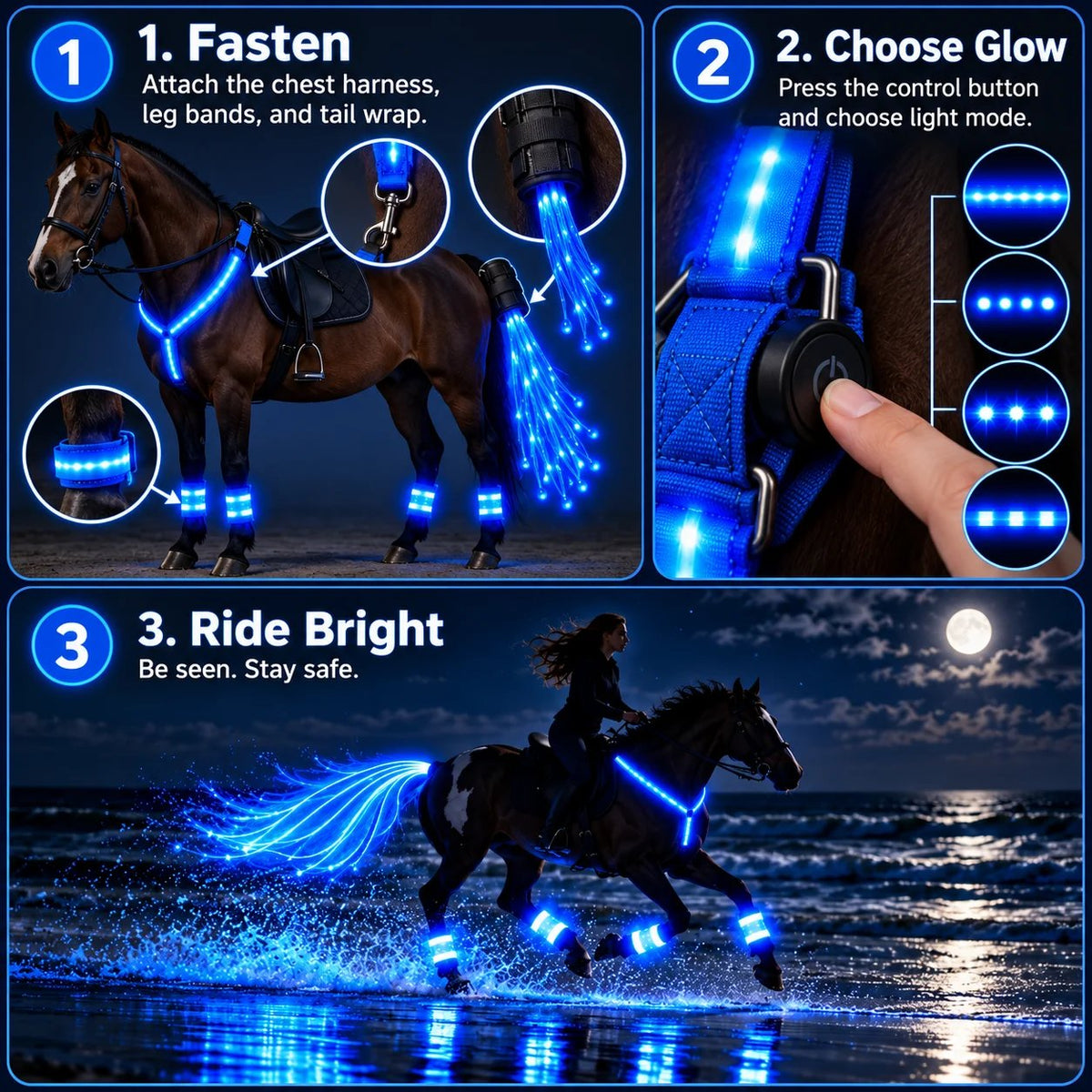 🐎Horse LED Night Glow Protection Gear 6-Piece Full Set