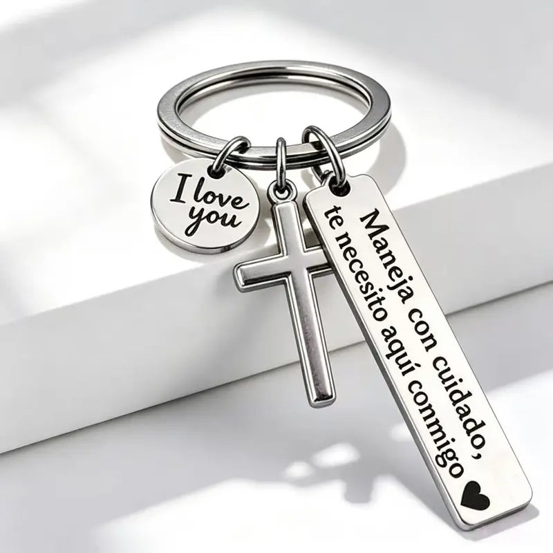 Maneja Con Cuidado Te Necesito Aquí Conmigo Keychain with Cross & 'I Love You' Charm