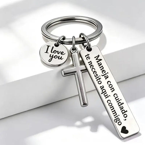 Maneja Con Cuidado Te Necesito Aquí Conmigo Keychain with Cross & 'I Love You' Charm