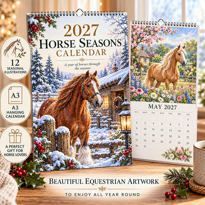 🐴 2027 Horse Seasons Calendar – 12 Seasonal Equestrian Illustrations, A3 Hanging Calendar Gift for Horse Lovers