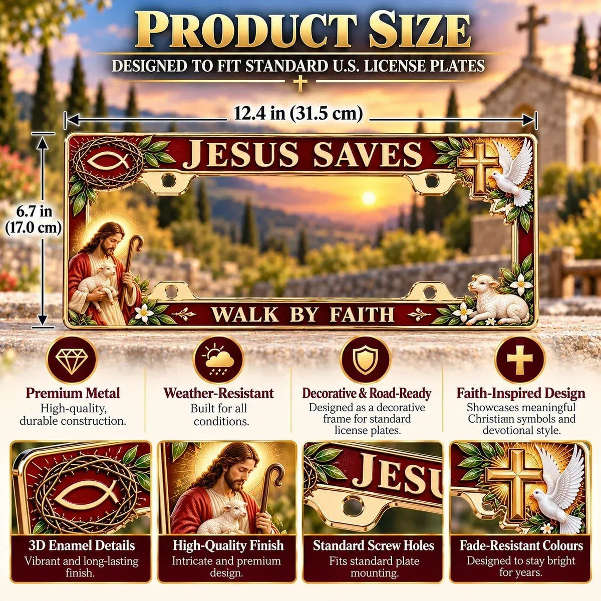 ✝️ Walk by Faith, Wherever You Go – Jesus Saves 3D Metal License Plate Frame