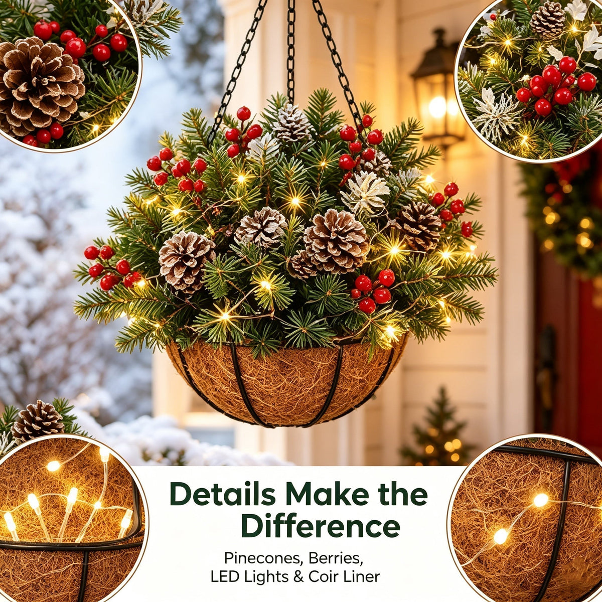 🎄  🏆 Pre-Lit Christmas Hanging Basket | Pre-lit, weather-resistant, and zero maintenance🏆