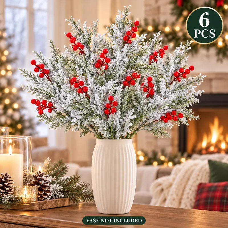 🎄🎅Artificial Frosted Christmas Pine-Cedar Stems with Red Berries, Snowy Evergreen Picks for Holiday Vase Decor