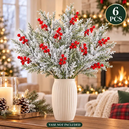 🎄🎅Artificial Frosted Christmas Pine-Cedar Stems with Red Berries, Snowy Evergreen Picks for Holiday Vase Decor
