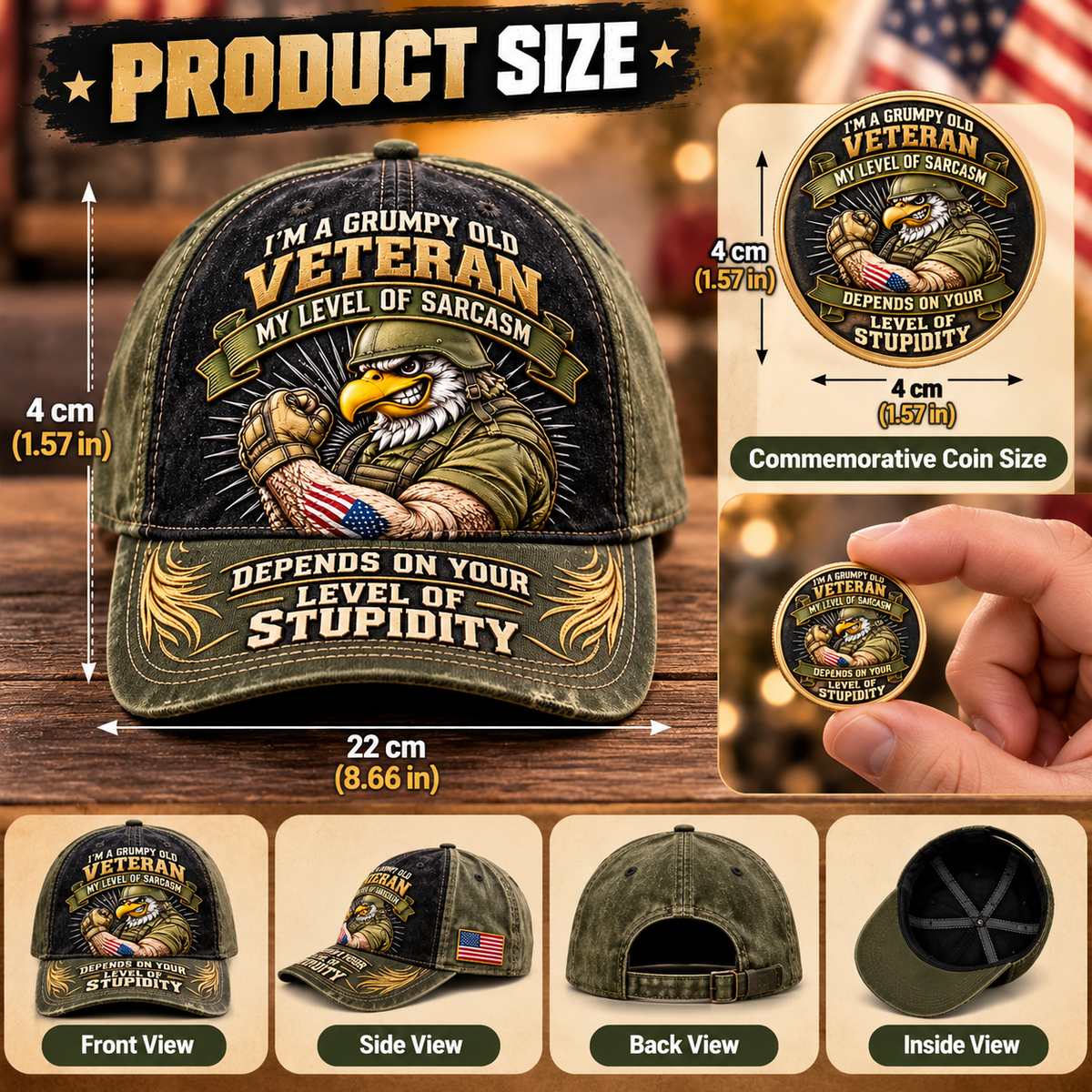 🇺🇸 Grumpy Old Veteran Eagle Cap 🦅 – FREE Commemorative Coin Included! 🎁
