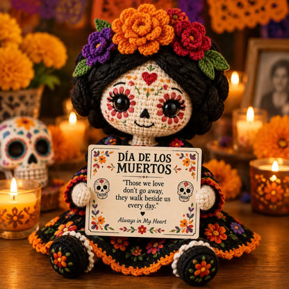 🔥LAST DAY 50% OFF - ✨Handcrafted Day of the Dead Crochet Doll – Sugar Skull Catrina Figurine with Floral Dress & Memorial Sign