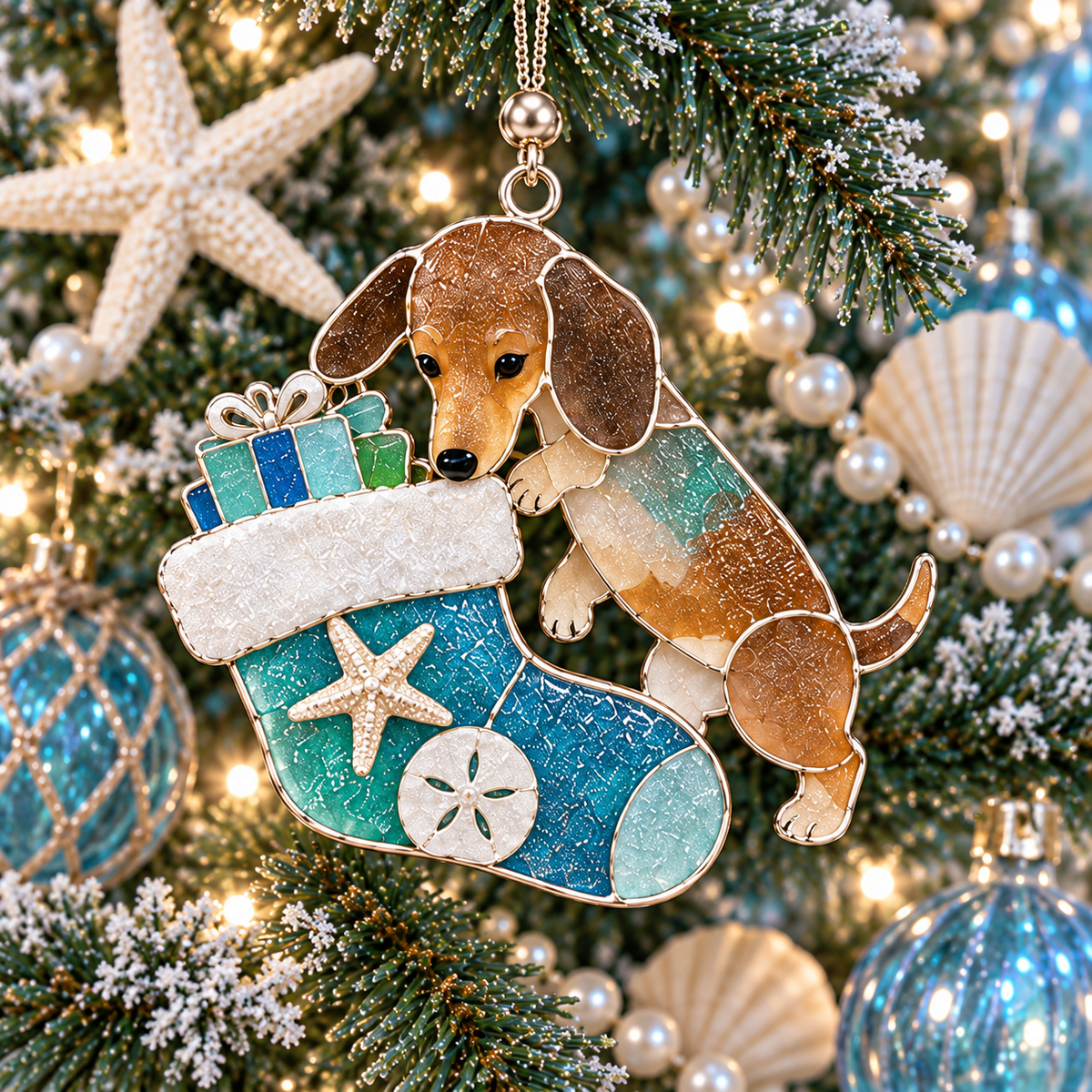 Coastal Christmas Dachshund Ornament Set – 6-Piece Stained Glass-Inspired Sea Glass Dog Christmas Tree Decorations, Gift for Dachshund Lovers