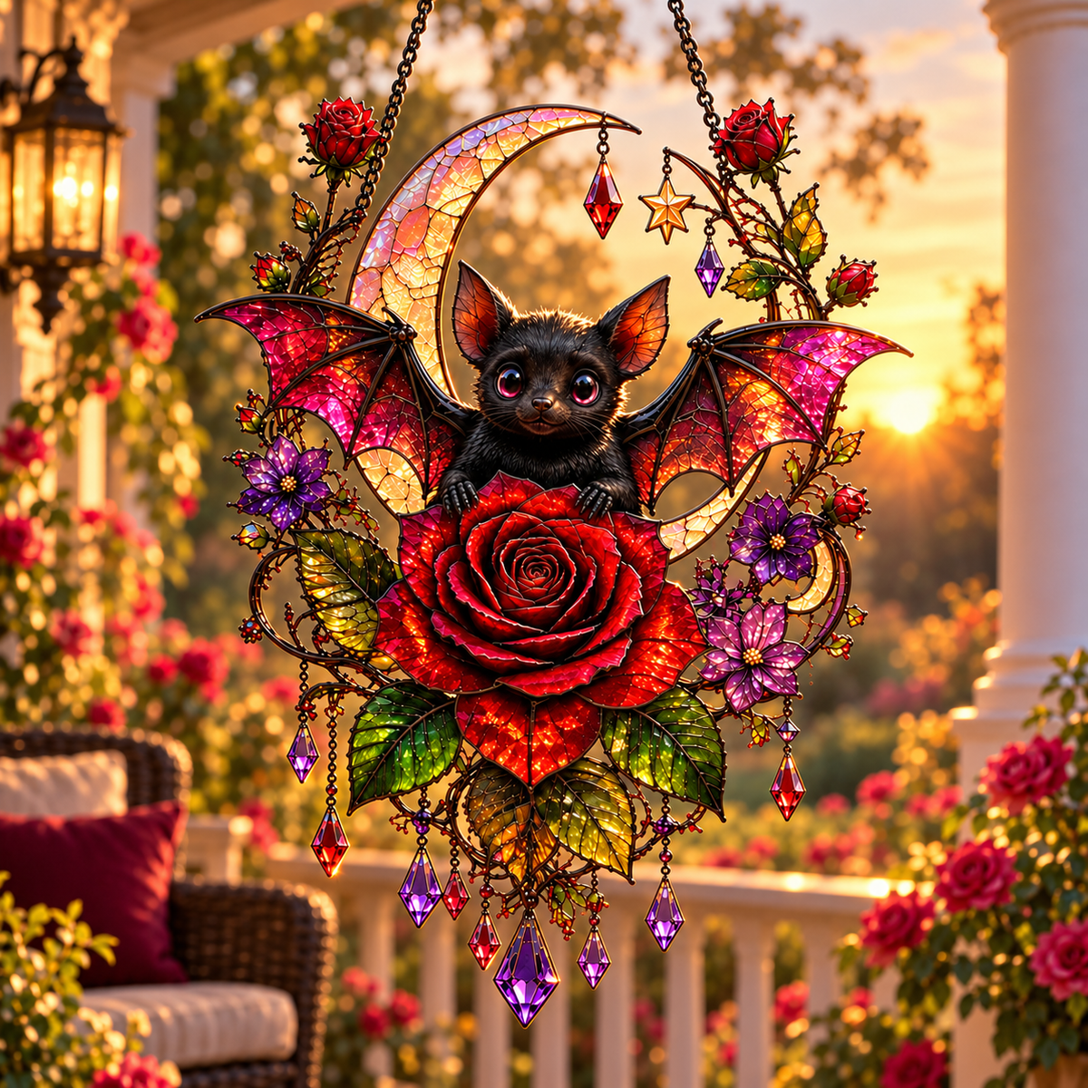 🦇🌹 Midnight Romance – Gothic Bat & Rose Crescent Moon Window Suncatcher ✨