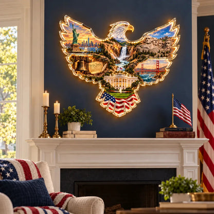🦅 American Heritage Light-Up Eagle Wall Art – 6 Iconic U.S. Landmarks 🇺🇸