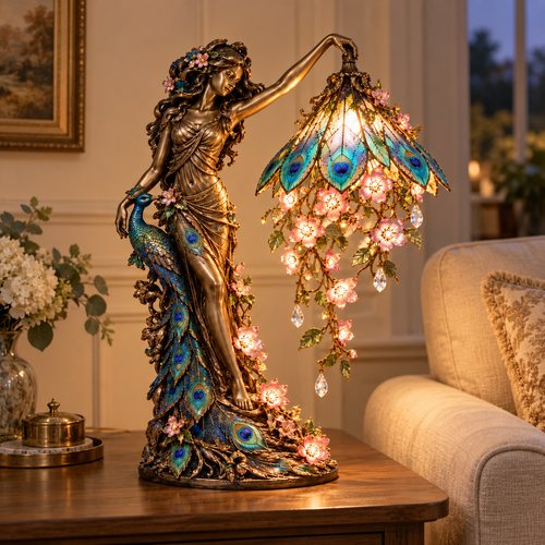 🦚✨ Enchanted Peacock Goddess Table Lamp – Floral Art Nouveau Accent Light