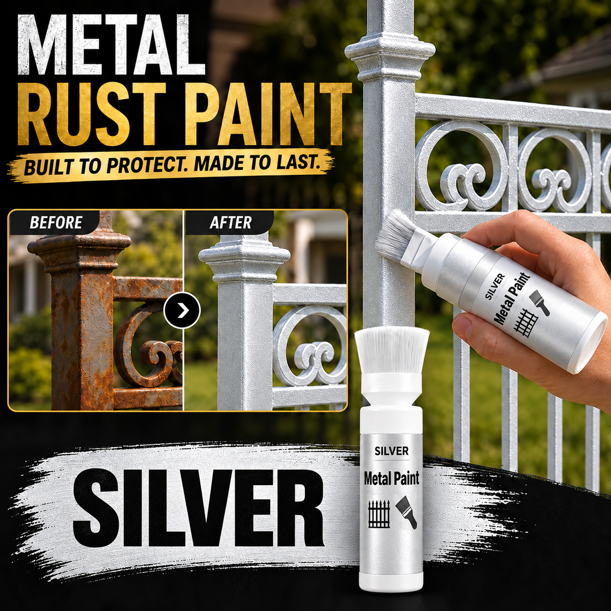 ✨New Arrival✨🖌️🏠Water-Based Metallic Silver Paint with Built-in Brush💥👍