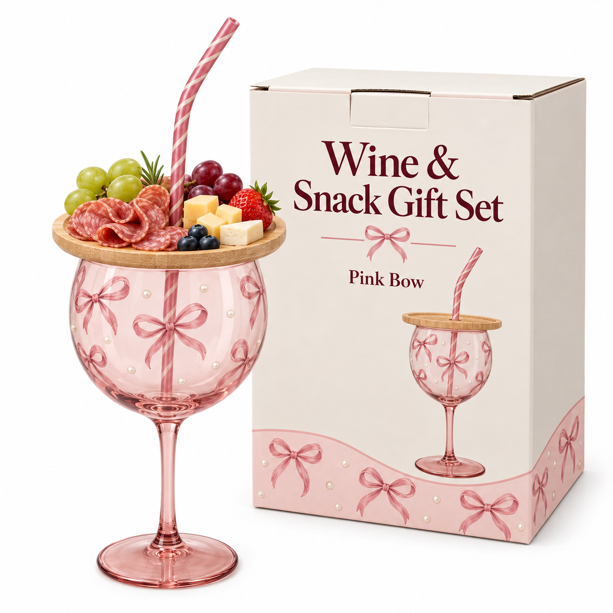 🍷 Sip & Snack Wine Glass Set – Charcuterie Topper with Straw