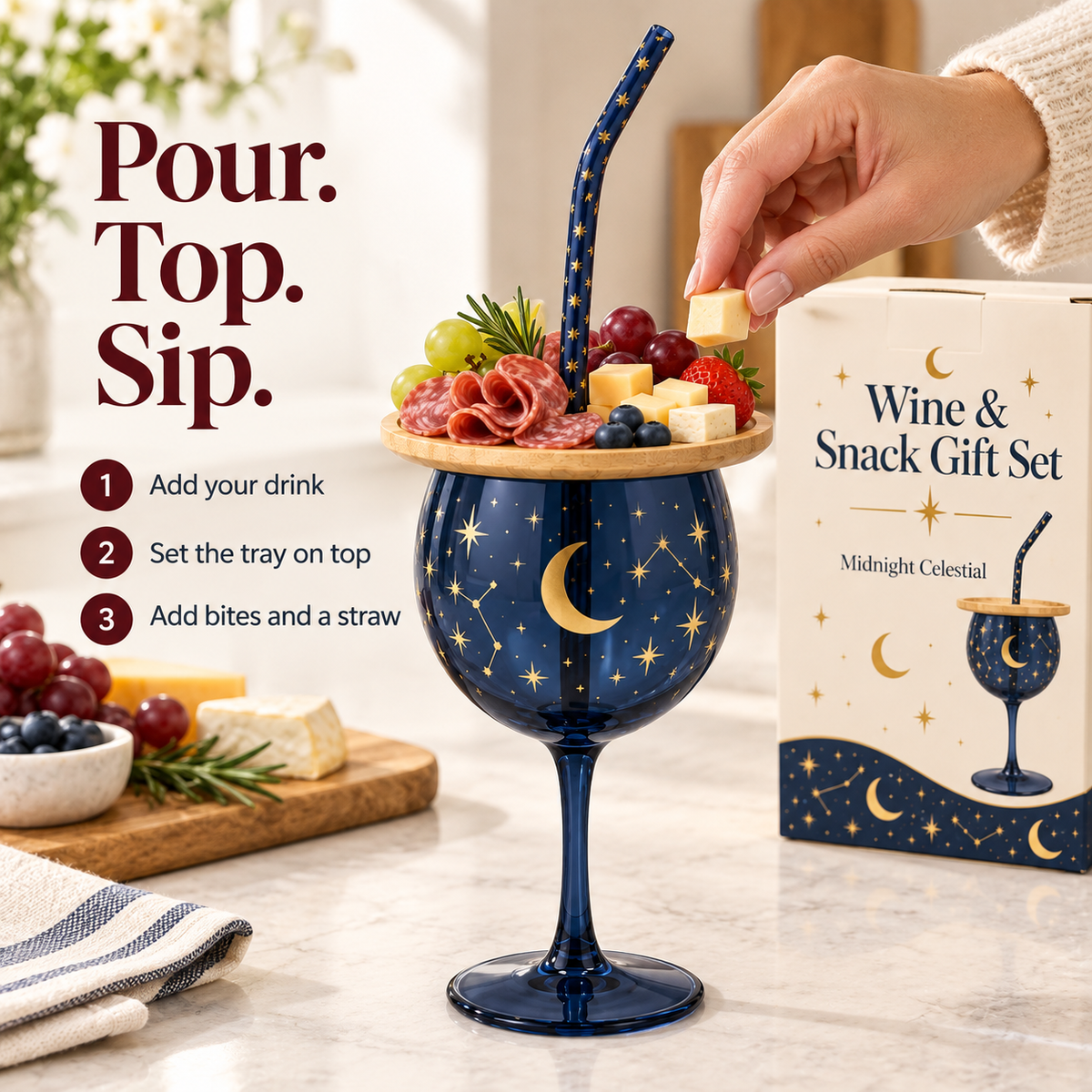 🍷 Sip & Snack Wine Glass Set – Charcuterie Topper with Straw