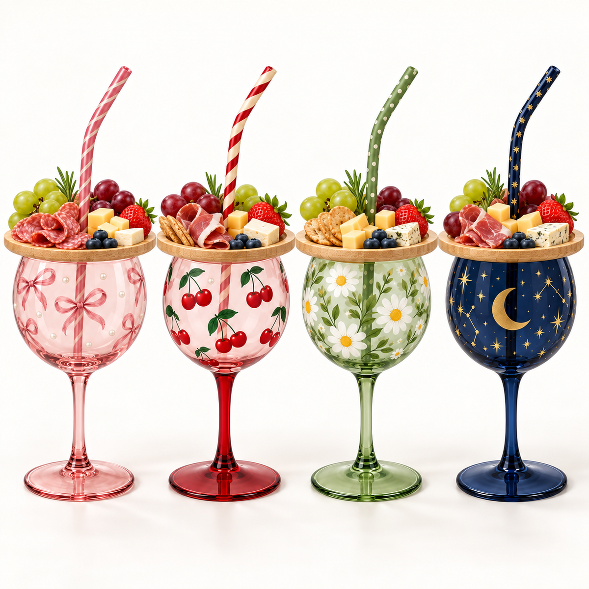 🍷 Sip & Snack Wine Glass Set – Charcuterie Topper with Straw