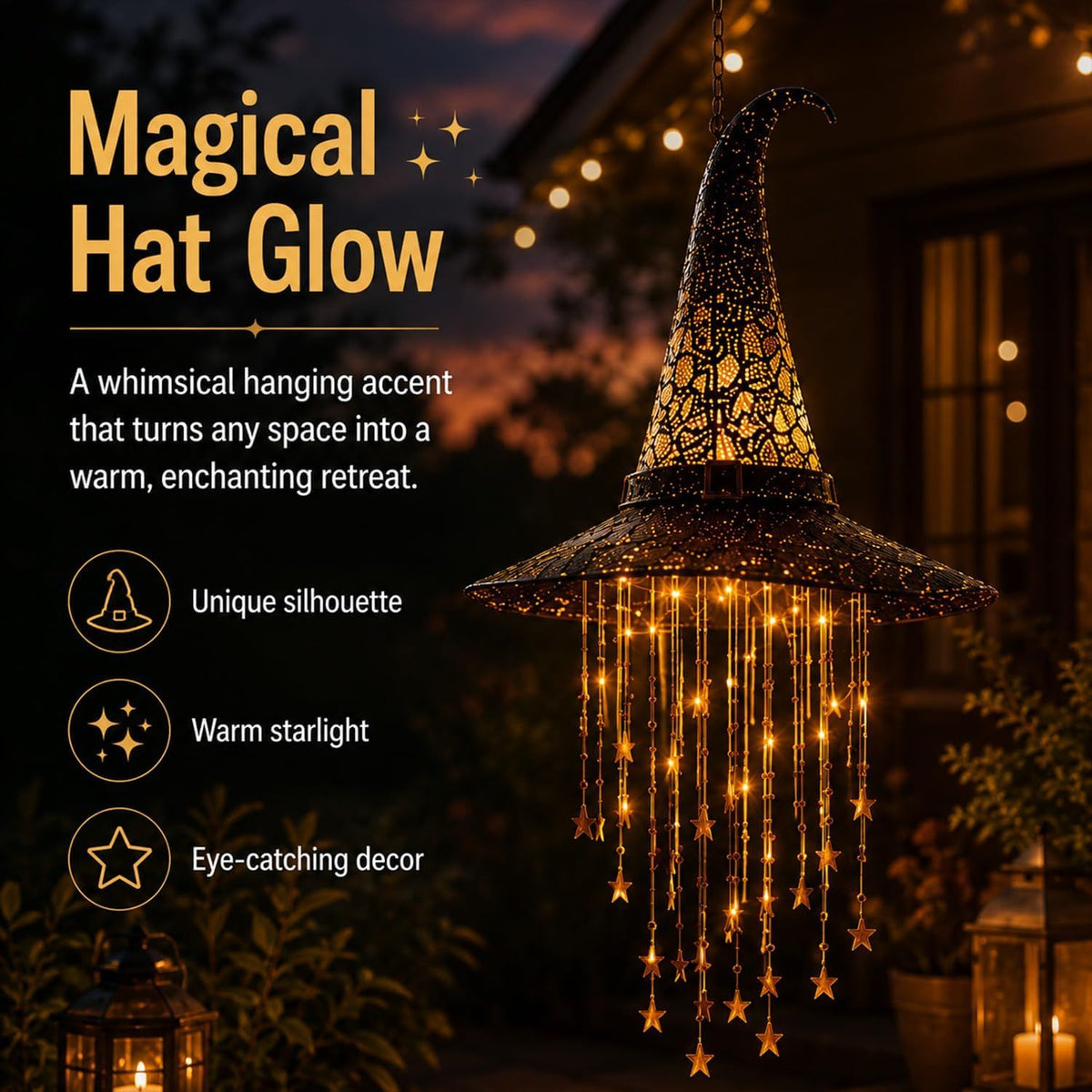 🔥LAST DAY 50% OFF-🪄Lighted Witch Hat Hanging Chime, Halloween Hanging Witch Hats with Lights