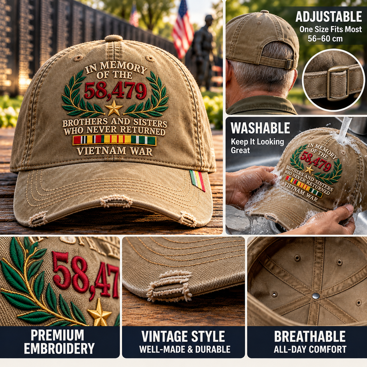 🇺🇸 Vietnam War Memorial Embroidered Cap – Honor Those Who Never Returned 🕊️