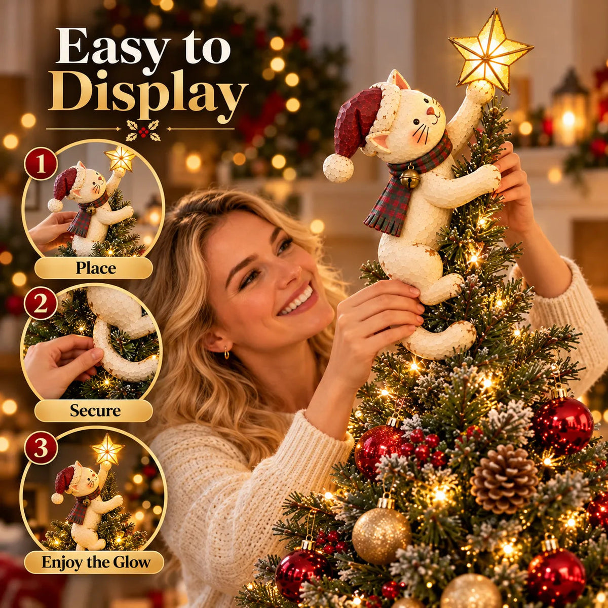 🐱 Light-Up Christmas Cat Tree Topper – Cute Climbing Kitty Holding a Glowing Star ⭐🎄