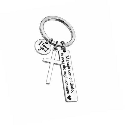 Maneja Con Cuidado Te Necesito Aquí Conmigo Keychain with Cross & 'I Love You' Charm