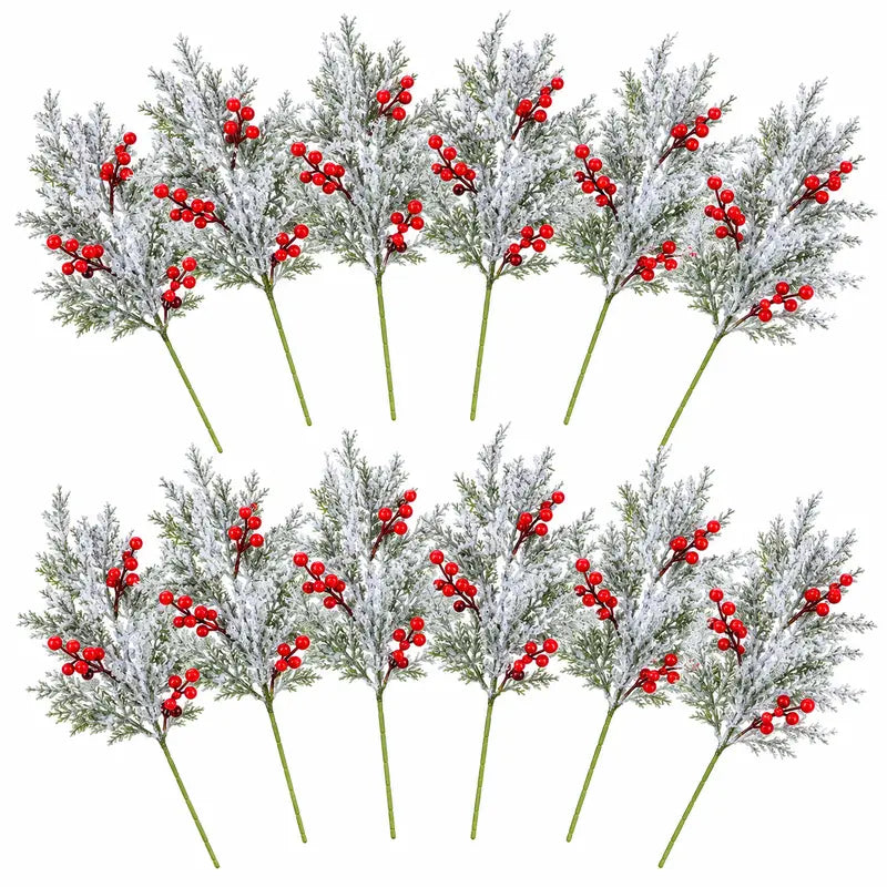 🎄🎅Artificial Frosted Christmas Pine-Cedar Stems with Red Berries, Snowy Evergreen Picks for Holiday Vase Decor