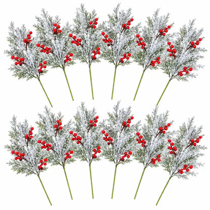 🎄🎅Artificial Frosted Christmas Pine-Cedar Stems with Red Berries, Snowy Evergreen Picks for Holiday Vase Decor