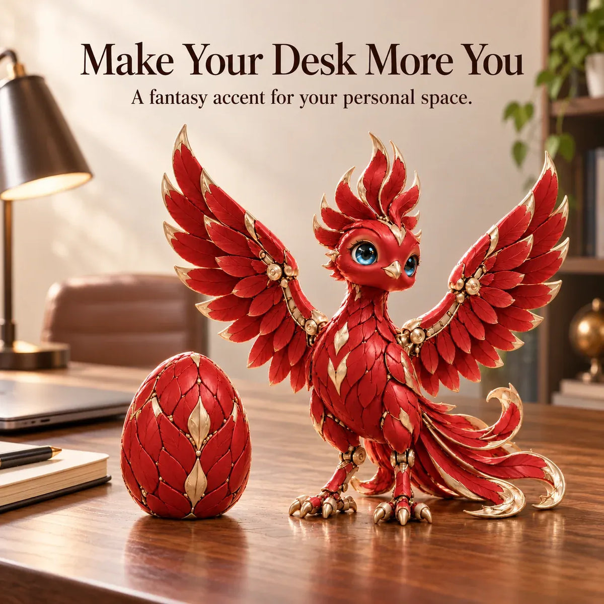 🔥 Red & Gold Phoenix Figurine – Fantasy Bird Statue with Bright Blue Eyes