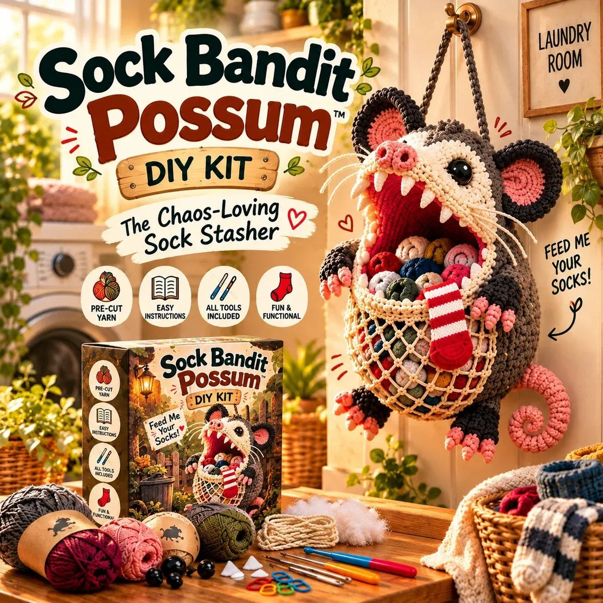 🧶🧦 DIY Crochet Sock-Eating Animal Kit – Funny Hanging Sock Holder & Handmade Gift