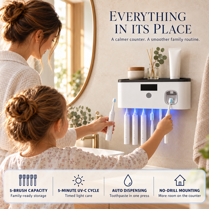 🪥 Light-Powered UV-C Toothbrush Sanitizer & Automatic Toothpaste Dispenser – 5-Brush No-Drill Wall Organizer