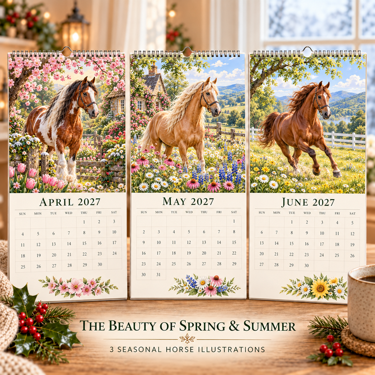 🐴 2027 Horse Seasons Calendar – 12 Seasonal Equestrian Illustrations, A3 Hanging Calendar Gift for Horse Lovers