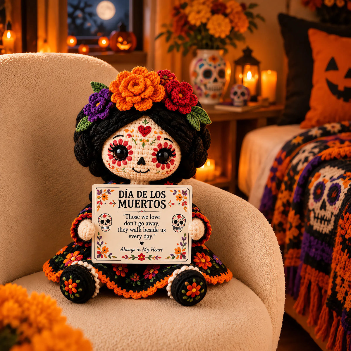 🔥LAST DAY 50% OFF - ✨Handcrafted Day of the Dead Crochet Doll – Sugar Skull Catrina Figurine with Floral Dress & Memorial Sign
