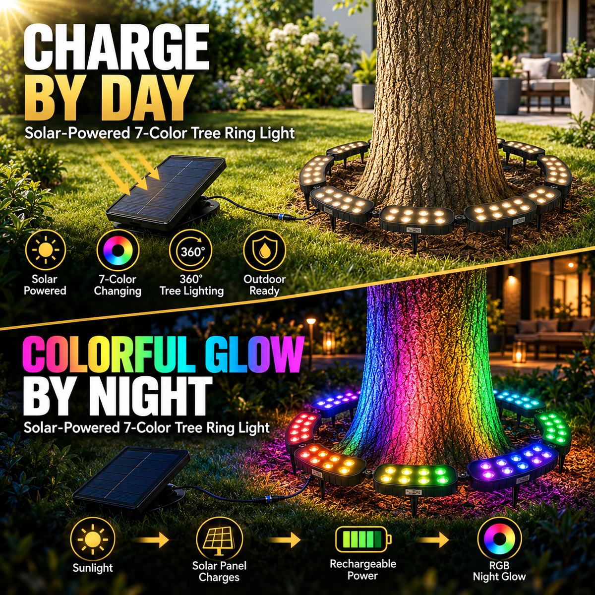 🏡🌈 Solar RGB Tree Ring Light – 7-Color Outdoor Landscape Uplighting