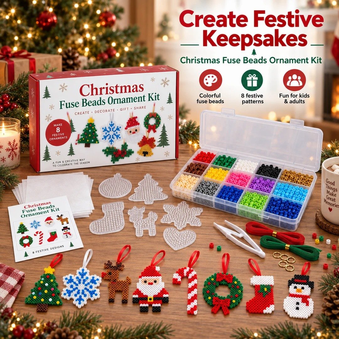 🎁LAST DAY 50% OFF-🎄 Christmas Fuse Beads Ornament Kit – 8 Festive Designs for Kids & Adults